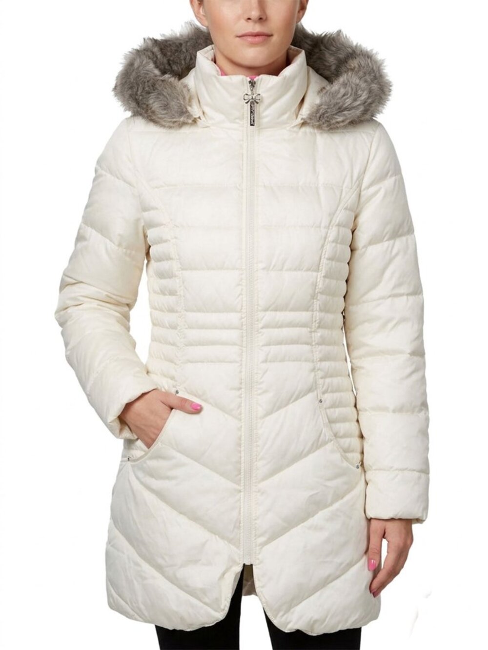 Betsey Johnson Off White Cream Faux Fur Hood Puffer Parka Winter Jacket Large